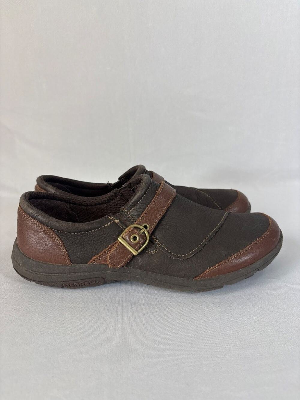 Merrell Womens Brown Leather Slip-On Buckle Mule Casual Shoe Size 9.5